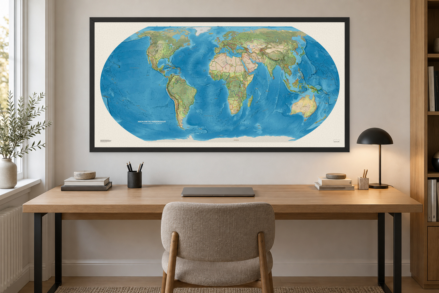 Arealriktig verdenskart på norsk på kontor, 100 × 50 cm