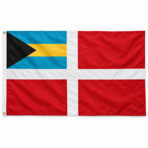 Illustrasjon av Bahamas handelsflagg med rødt felt, hvitt kors og Bahamas nasjonalflagg i øvre hjørne