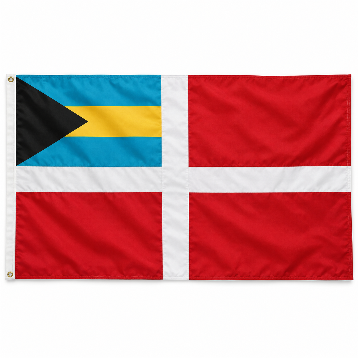 Illustrasjon av Bahamas handelsflagg med rødt felt, hvitt kors og Bahamas nasjonalflagg i øvre hjørne