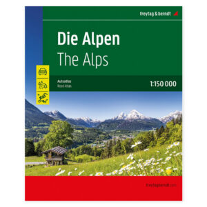 Omslag til stort bilatlas over Alpene med alpelandskap