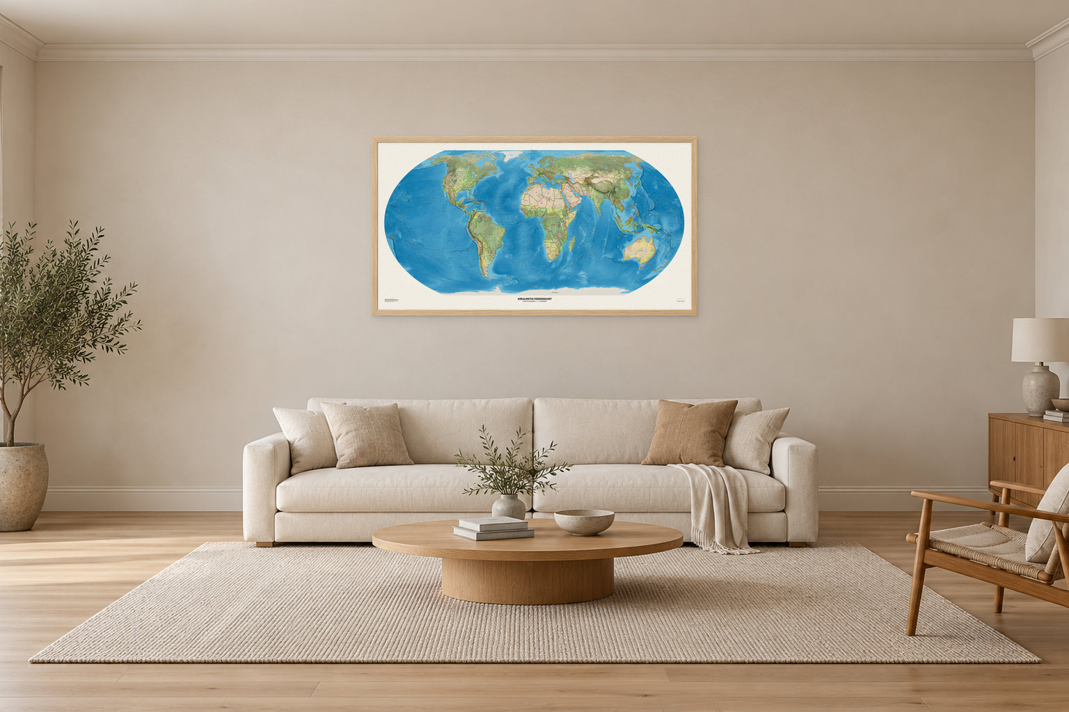 Arealriktig verdenskart på norsk, 150 × 80 cm, med eikeramme på veggen i en romslig stue