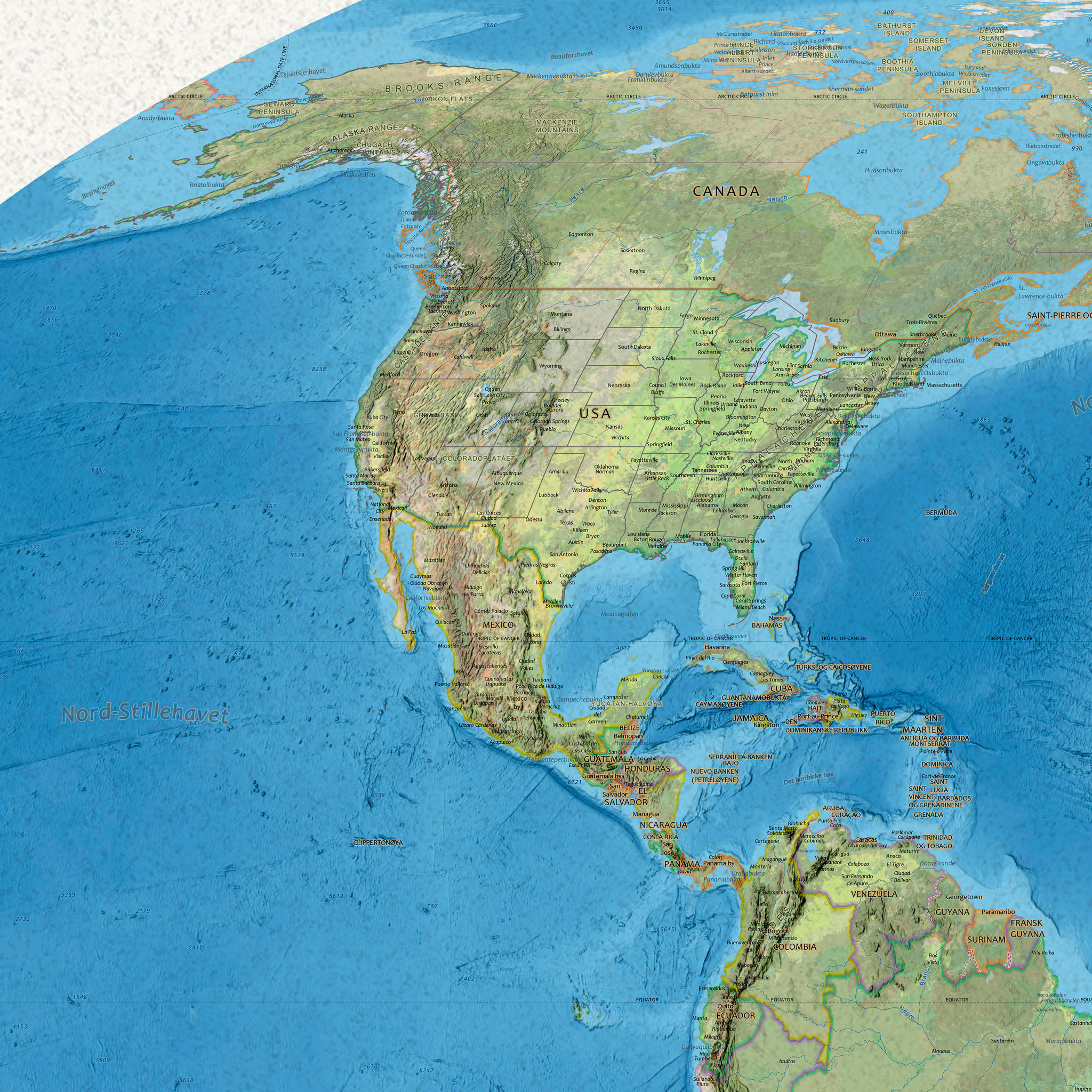 Arealriktig verdenskart på norsk, 200 × 100 cm, detalj av Nord-Amerika