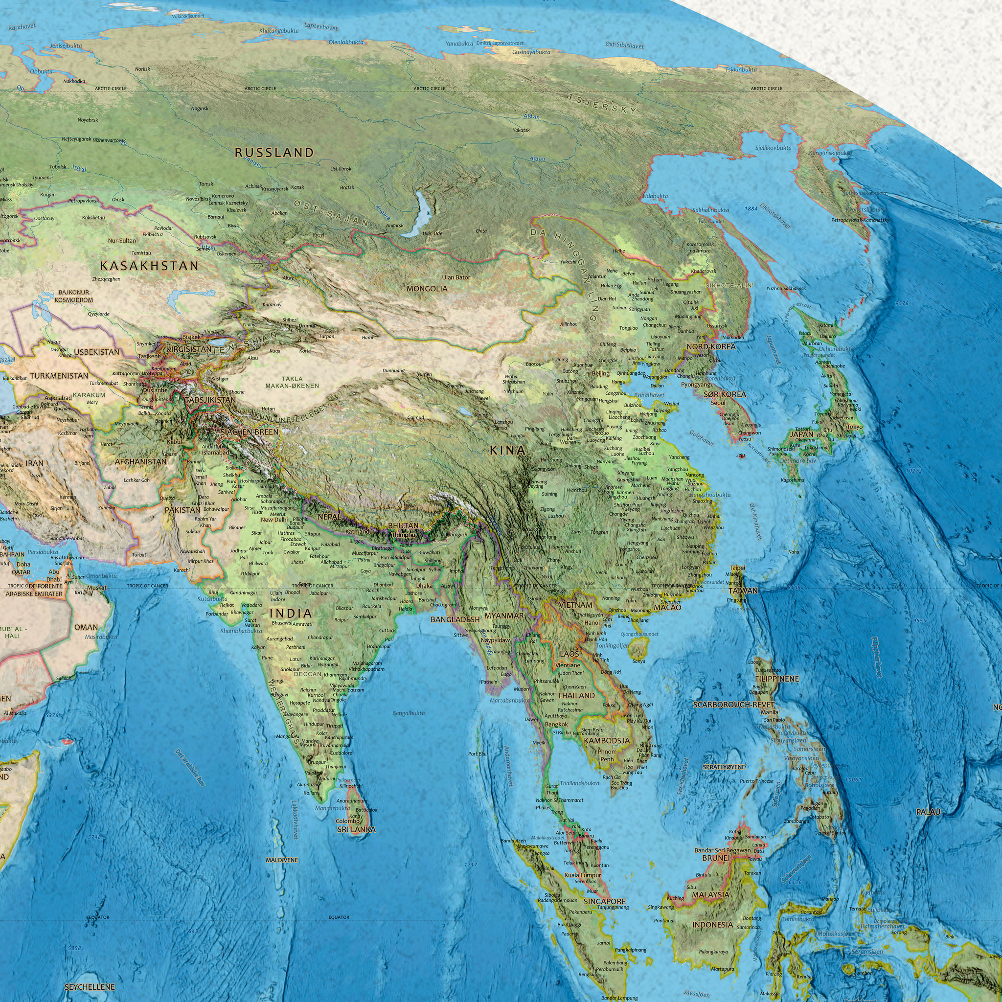 Arealriktig verdenskart på norsk, 200 × 100 cm, detalj av Øst-Asia