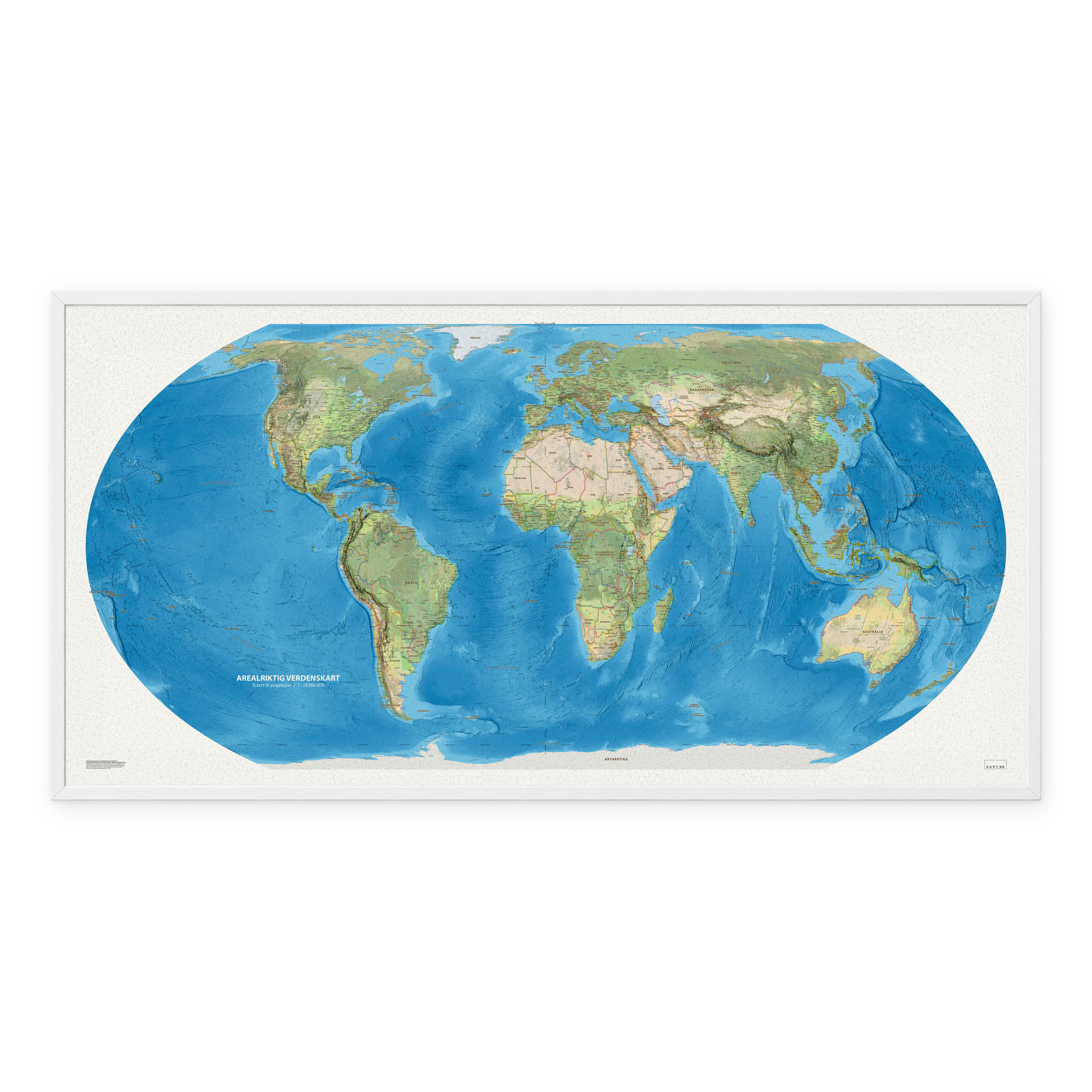 Arealriktig verdenskart på norsk, 200 × 100 cm, med hvit ramme