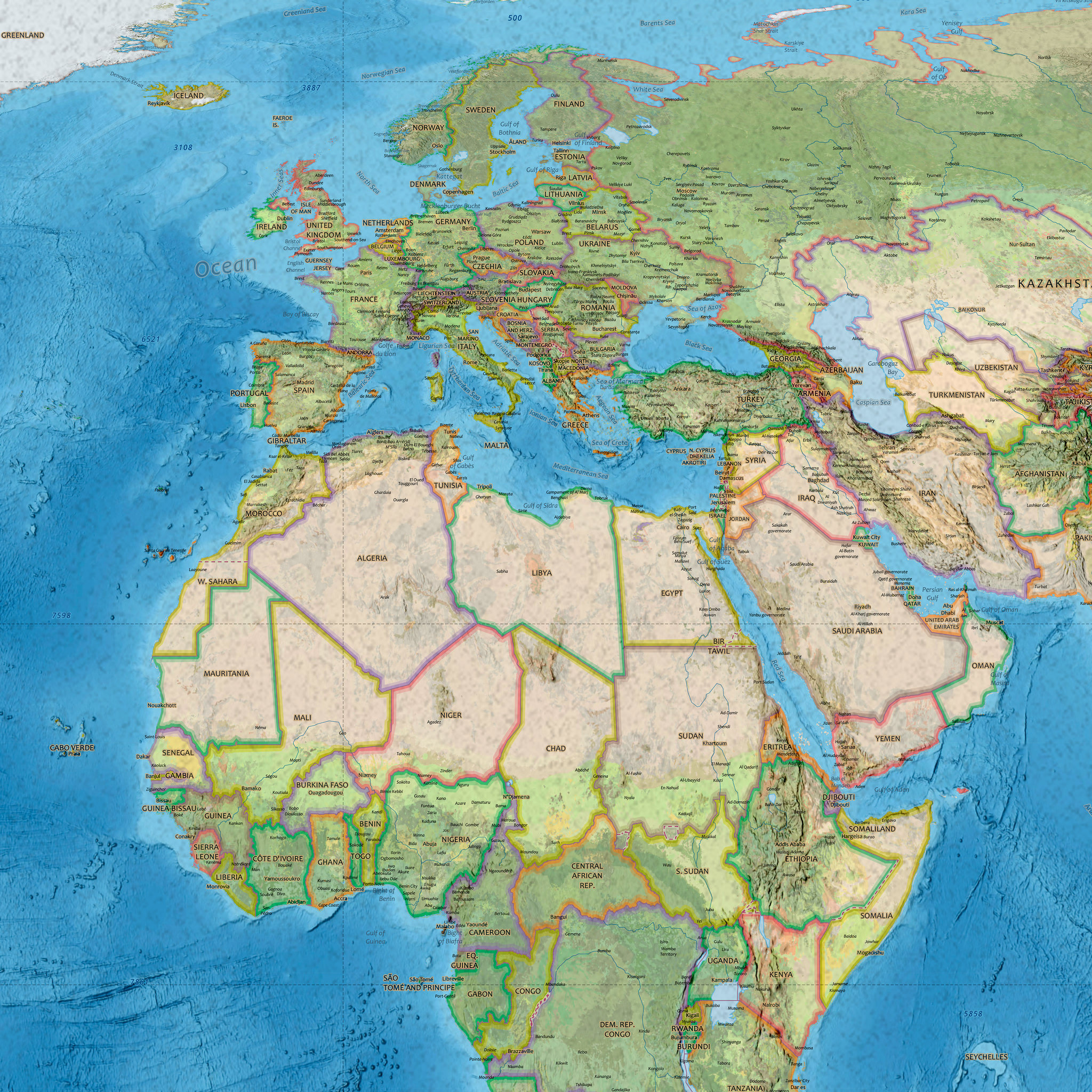 Equal-area World Map med engelske stedsnavn, 150 × 80 cm, detalj av Europa og Middelhavet