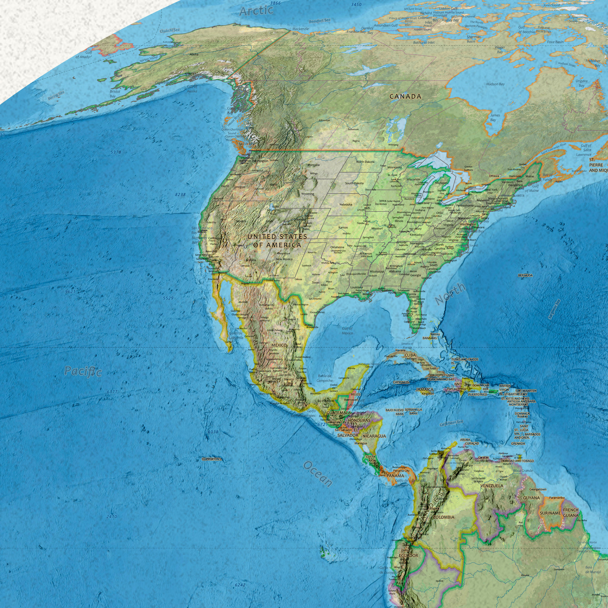 Equal-area World Map med engelske stedsnavn, 150 × 80 cm, detalj av Nord-Amerika