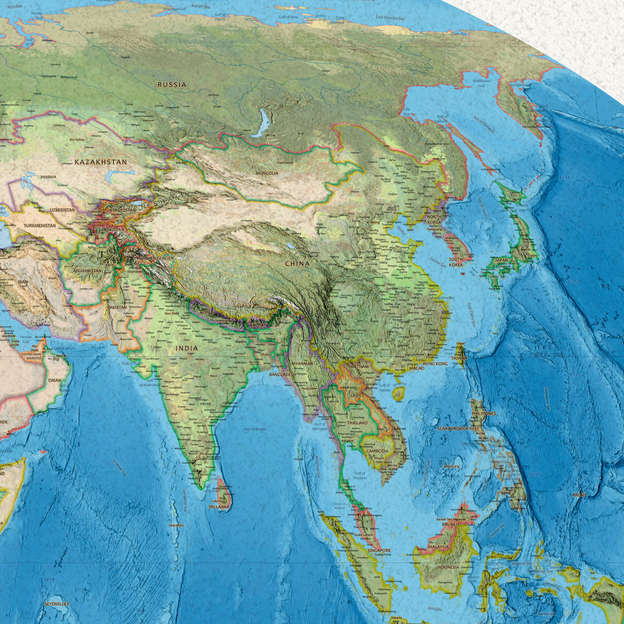 Equal-area World Map med engelske stedsnavn, 150 × 80 cm, detalj av Øst-Asia