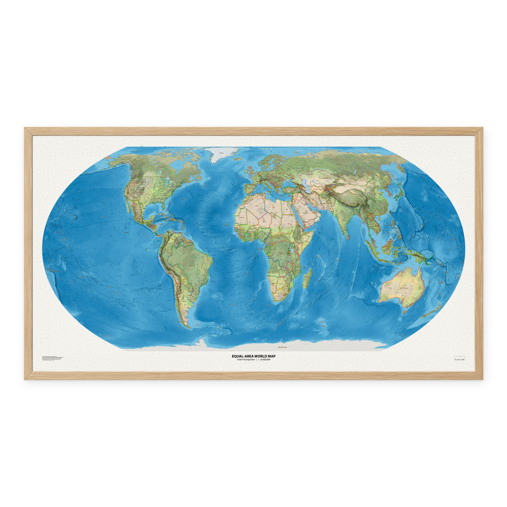 Equal-area World Map med engelske stedsnavn, 150 × 80 cm, med eikeramme