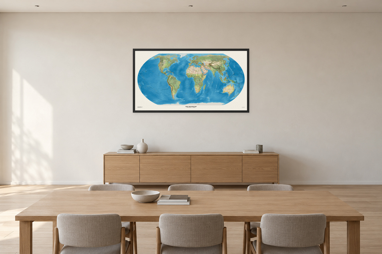 Equal-area World Map med engelske stedsnavn, 150 × 80 cm, med sort ramme i et møterom