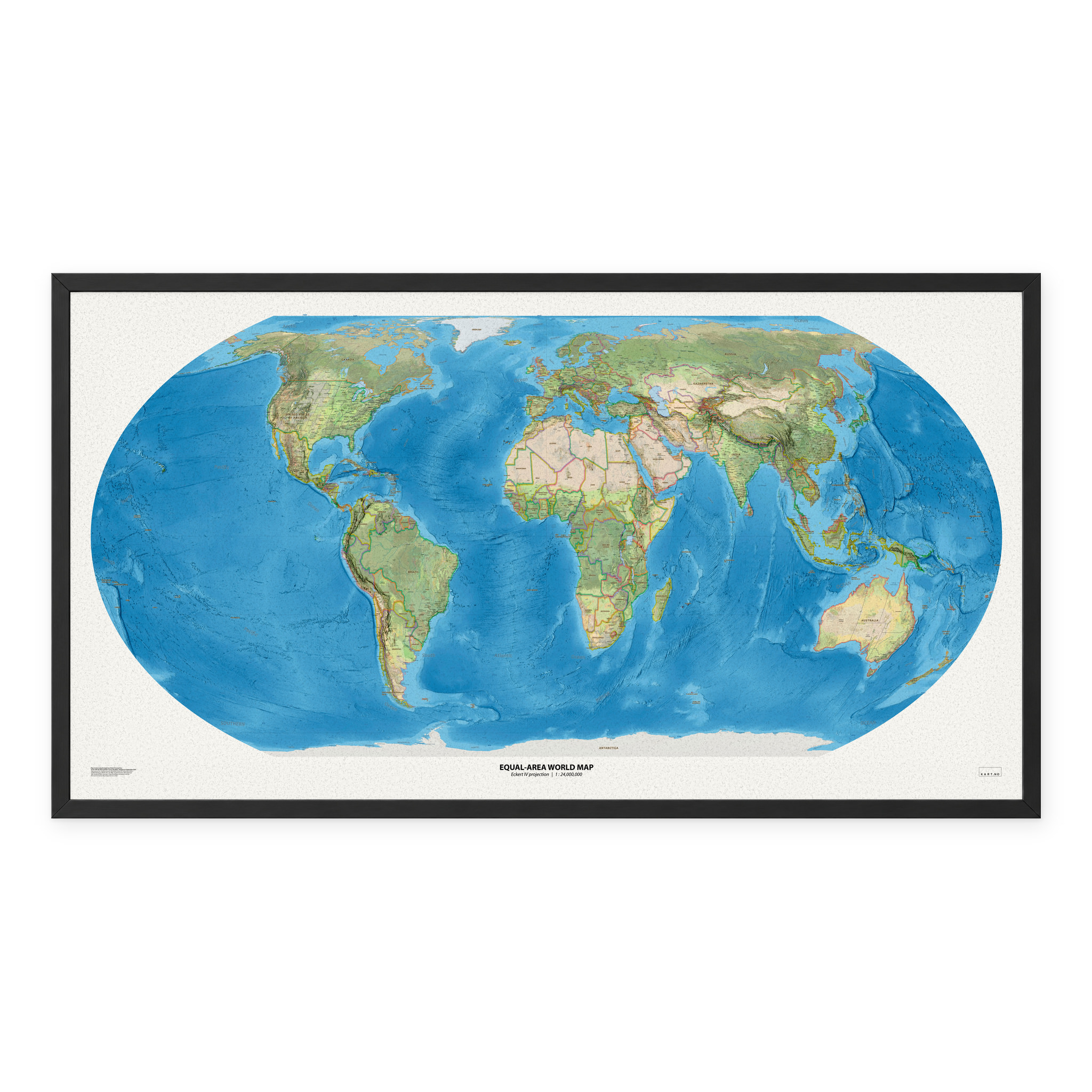 Equal-area World Map med engelske stedsnavn, 150 × 80 cm, med sort ramme