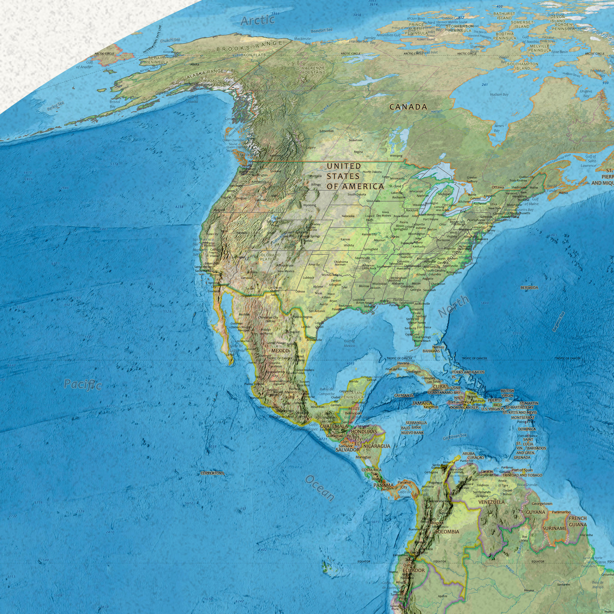 Equal-area World Map med engelske stedsnavn, 200 × 100 cm, detalj av Nord-Amerika