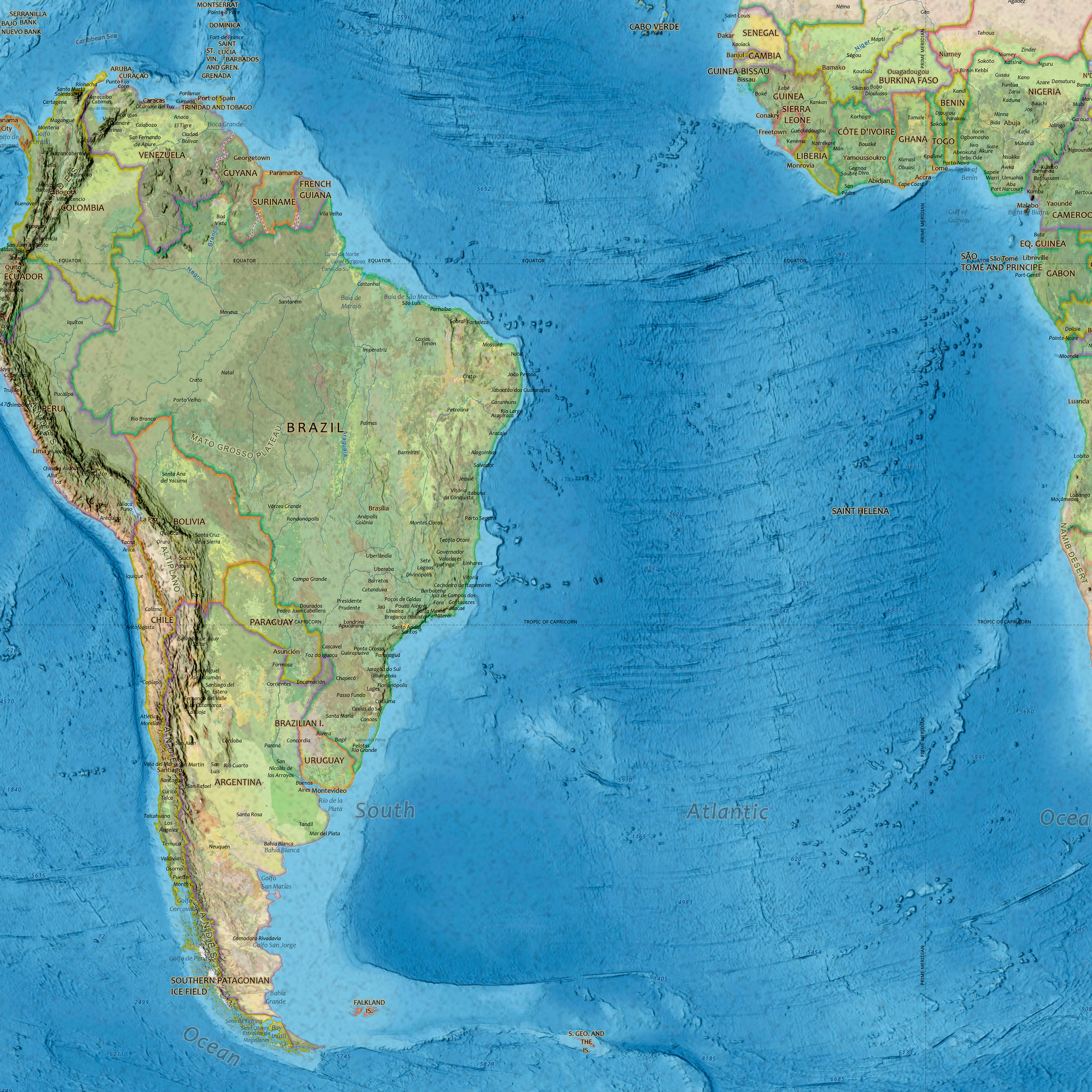 Equal-area World Map med engelske stedsnavn, 200 × 100 cm, detalj av Sør-Amerika