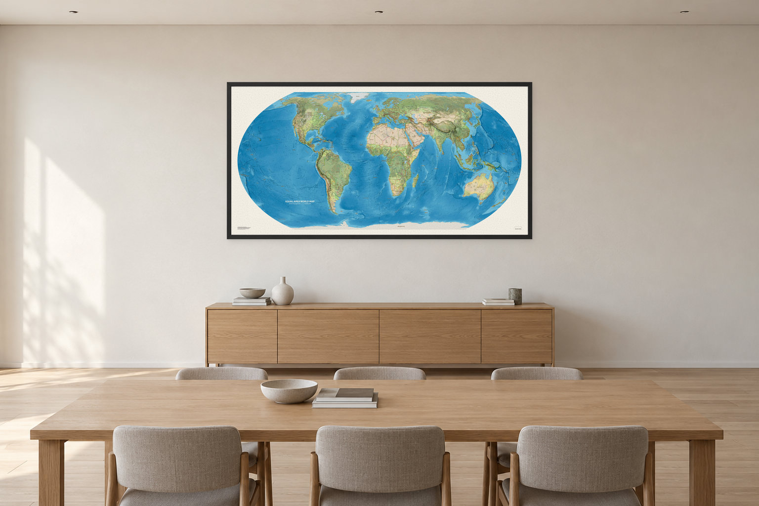 Equal-area World Map med engelske stedsnavn, 200 × 100 cm, med sort ramme i et møterom