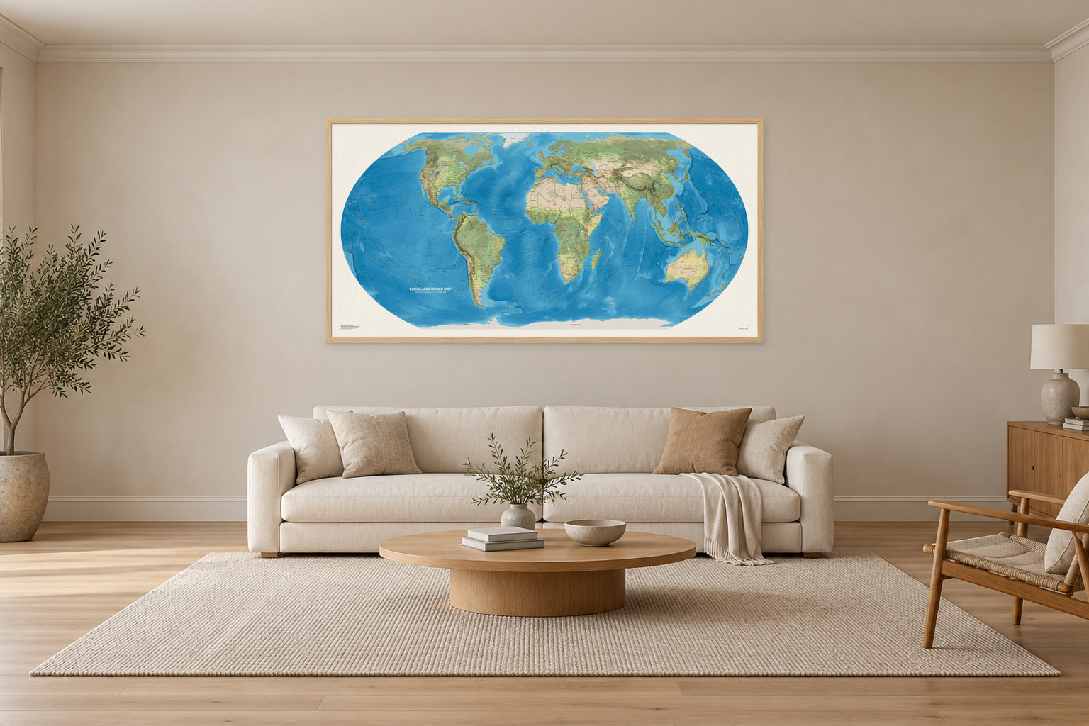 Equal-area World Map med engelske stedsnavn, 200 × 100 cm, med eikeramme i en romslig stue