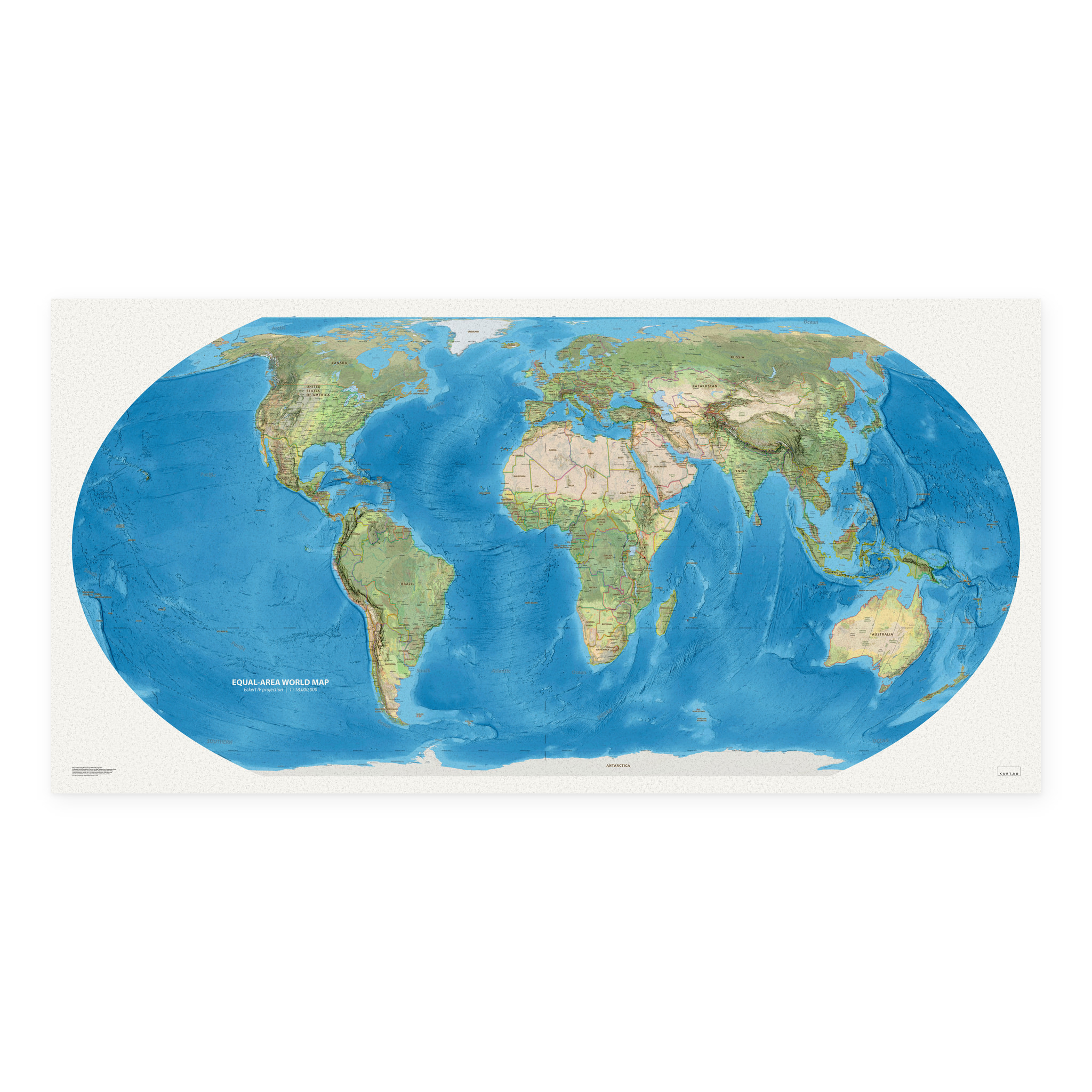 Equal-area World Map med engelske stedsnavn, 200 × 100 cm, uten ramme
