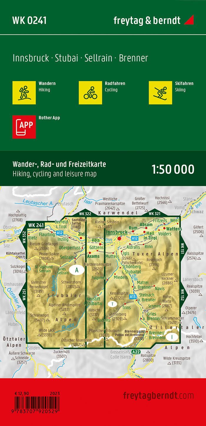 Innsbruck, Stubai, Sellrain og Brenner – turkart (vannfast) – bakside