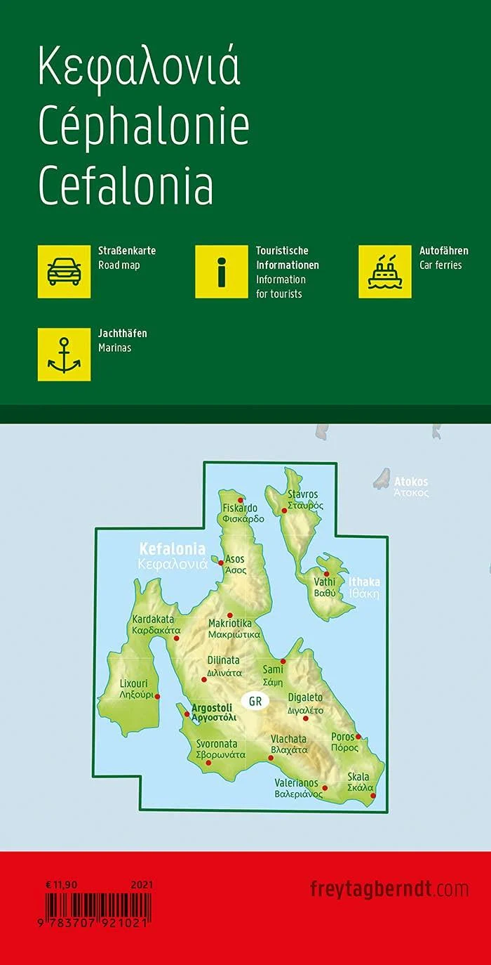 Kefalonia og Ithaka – veikart (flerspråklig) – bakside