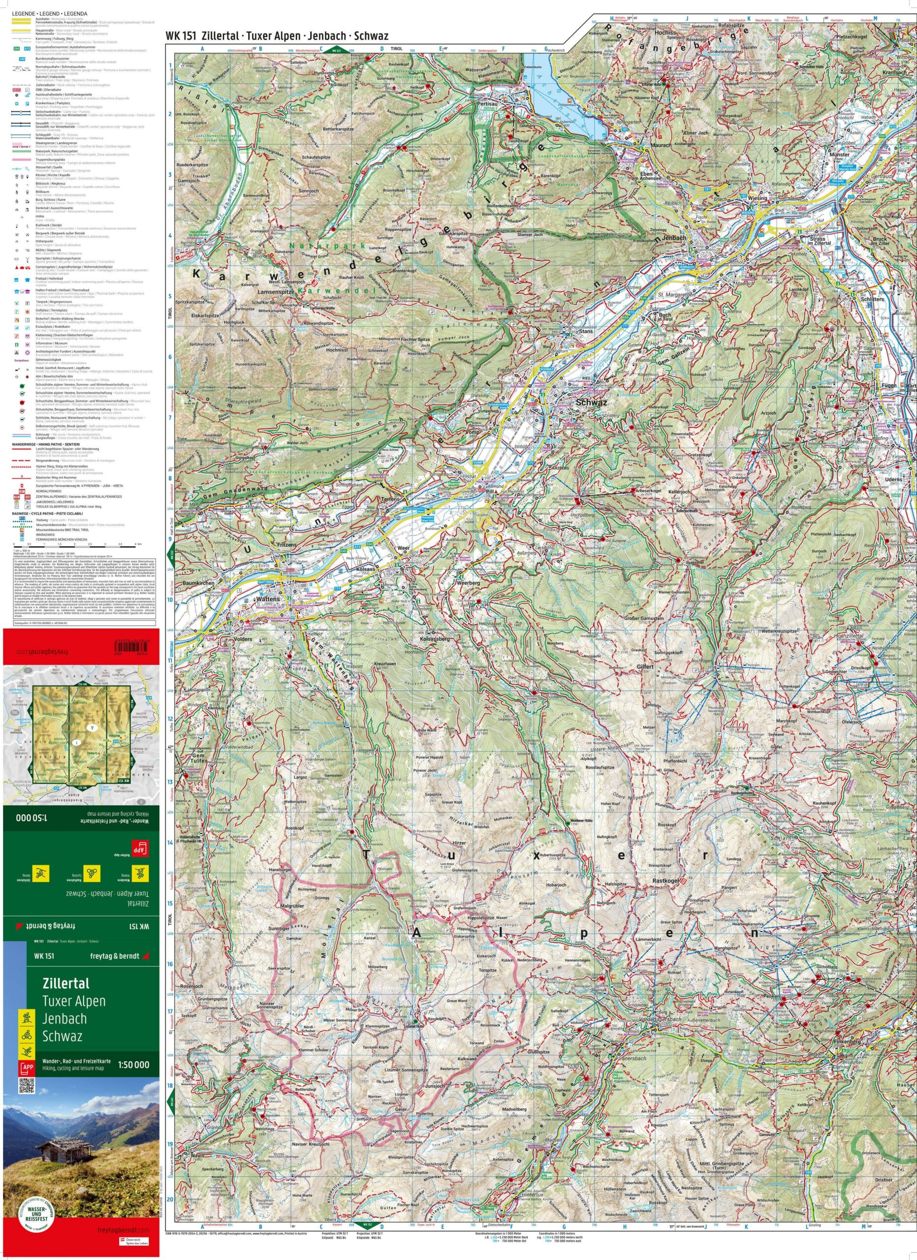 Zillertal, Tuxer Alpene, Jenbach og Schwaz – turkart 1:50 000 (vannfast) – kartutsnitt