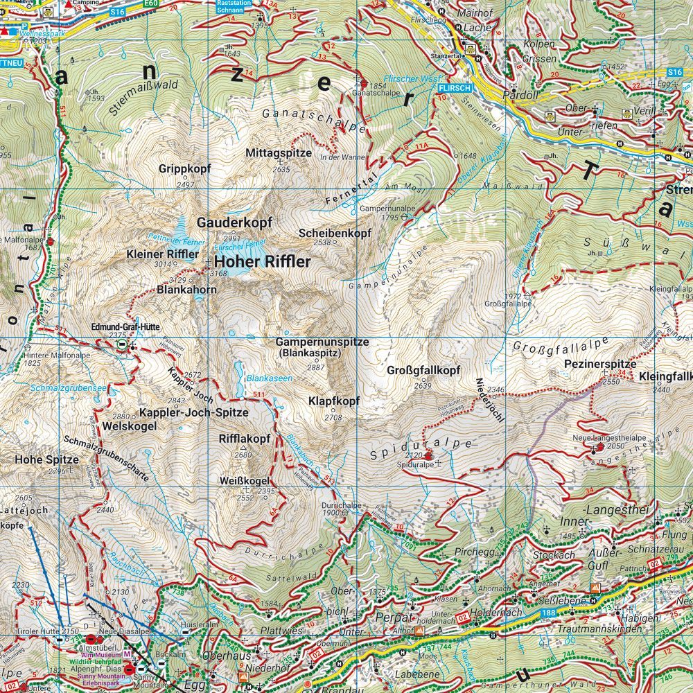 Landeck, Reschenpass, Samnaun og Paznaun – turkart 1:50 000 (vannfast) – kartutsnitt