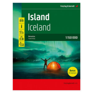 Omslag til stort bilatlas over Island med landskapsmotiv og nordlys