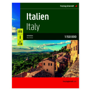 Omslag til stort bilatlas over Italia med veibilde fra italiensk kystby