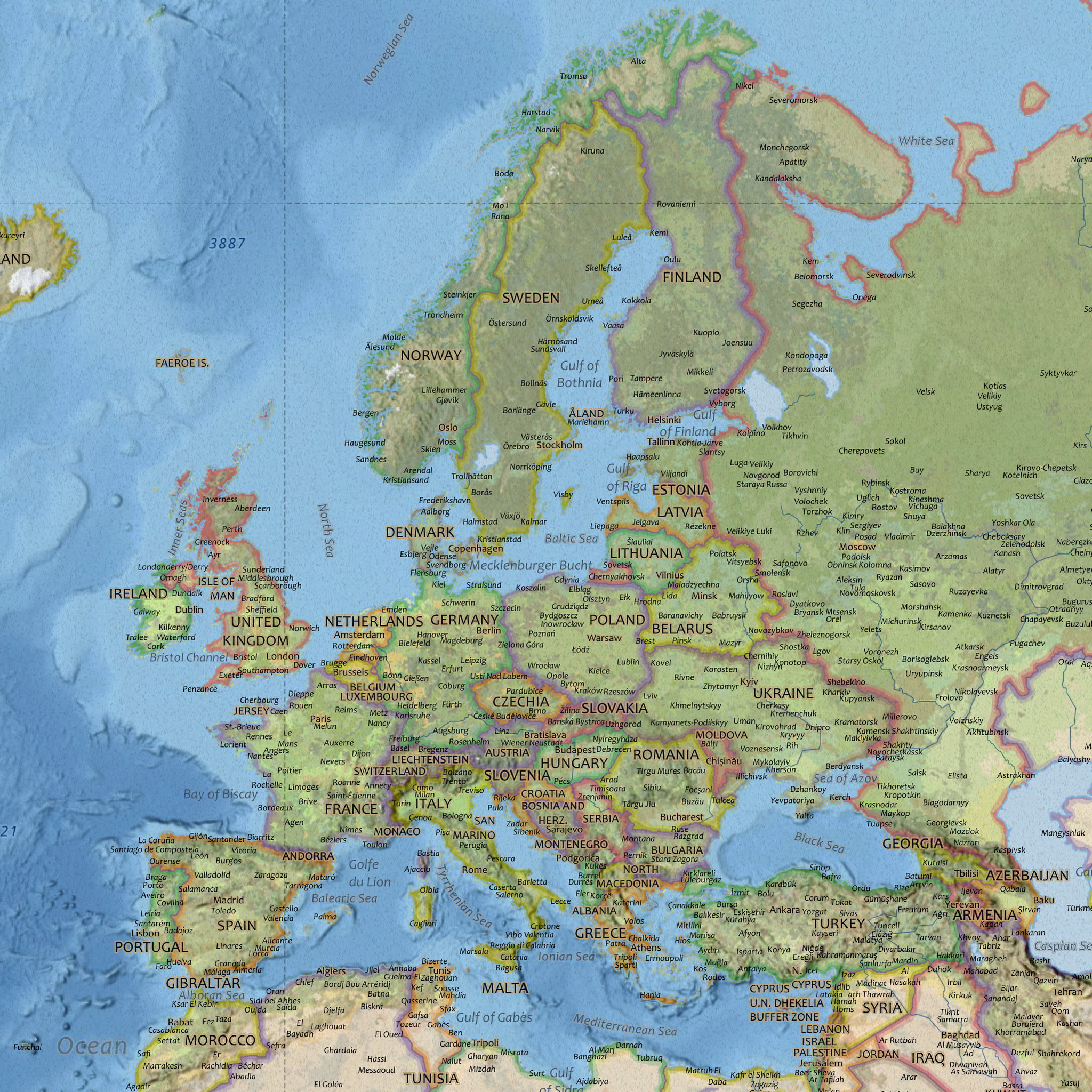 Klassisk verdenskart med engelske stedsnavn, 100 × 70 cm, detalj av Europa