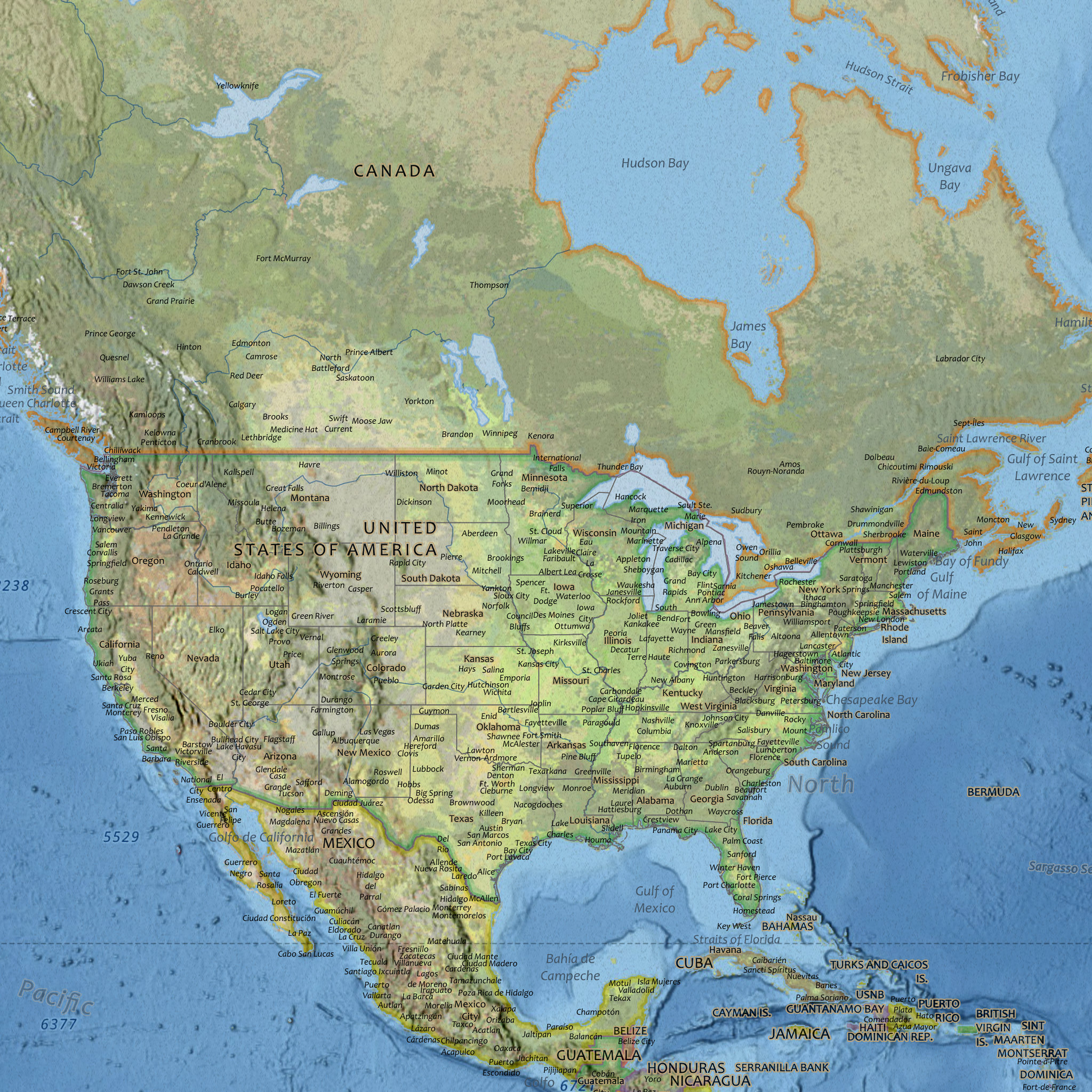 Klassisk verdenskart med engelske stedsnavn, 100 × 70 cm, detalj av Nord-Amerika