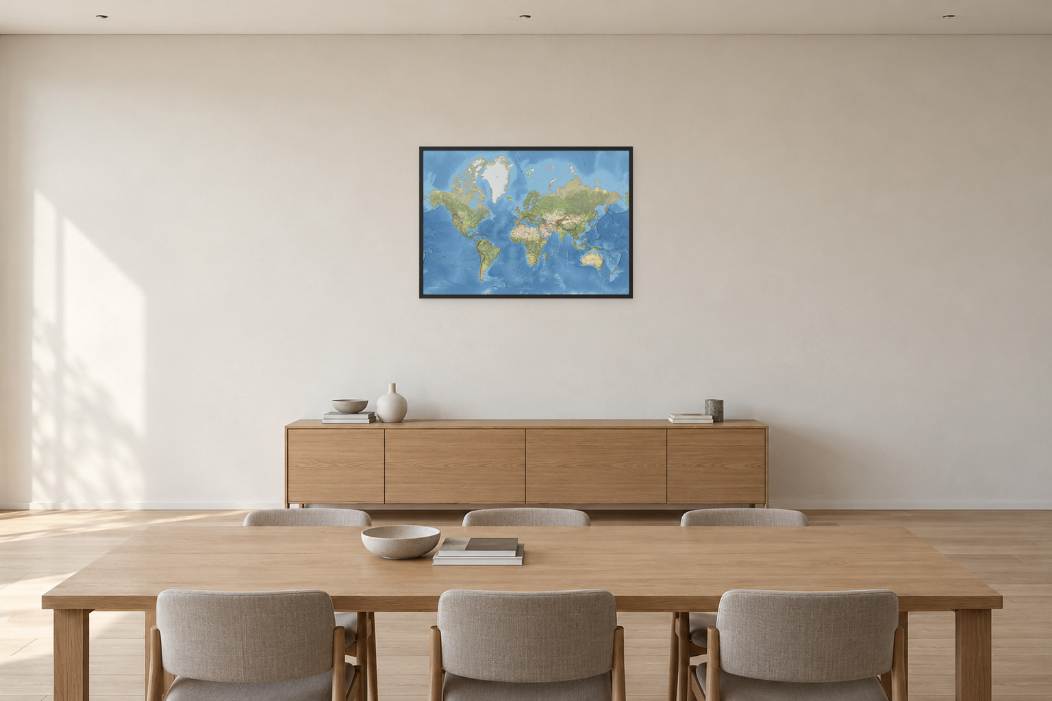 Klassisk verdenskart med engelske stedsnavn, 100 × 70 cm, med sort ramme i et møterom