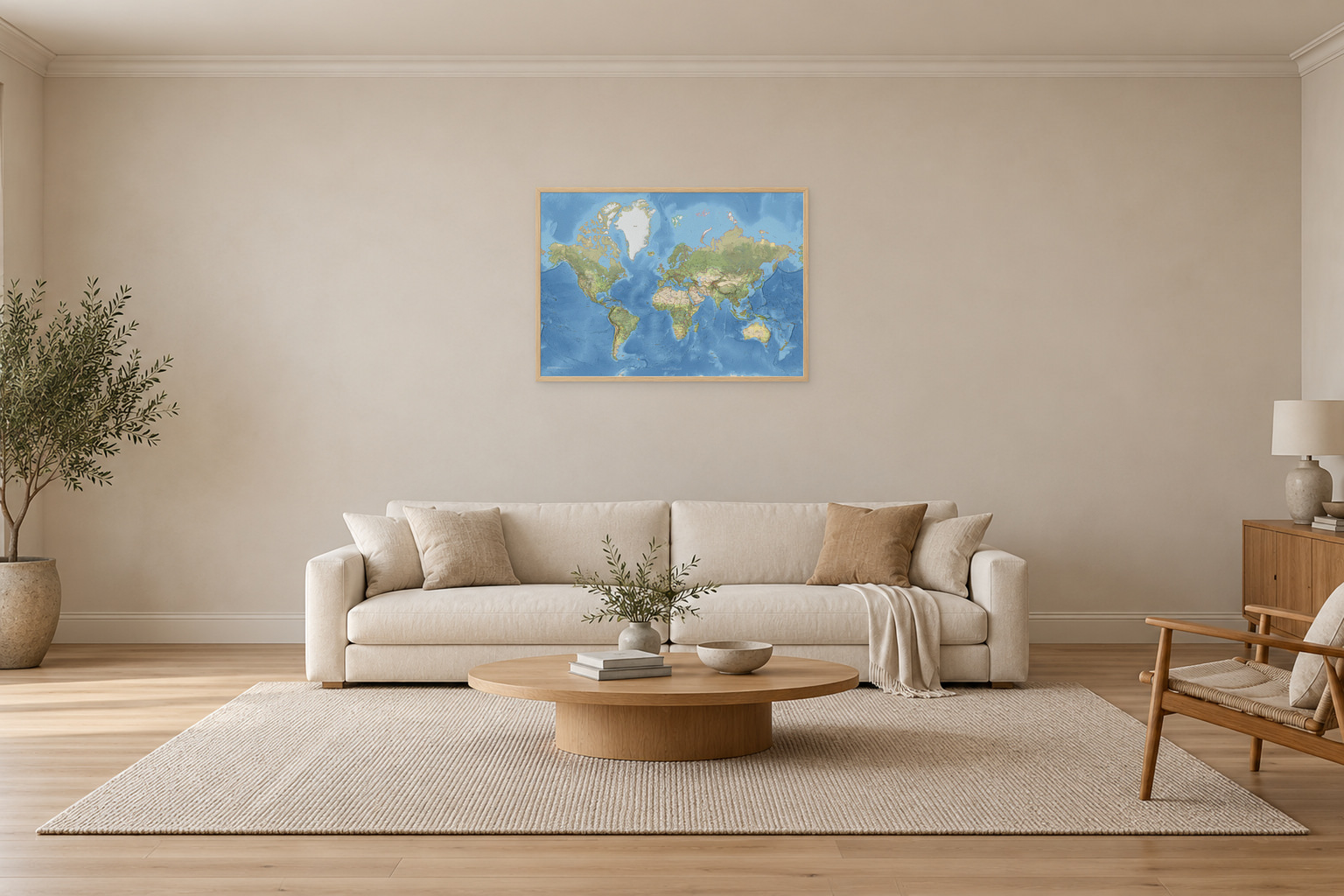 Klassisk verdenskart med engelske stedsnavn, 100 × 70 cm, med eikeramme i en stue