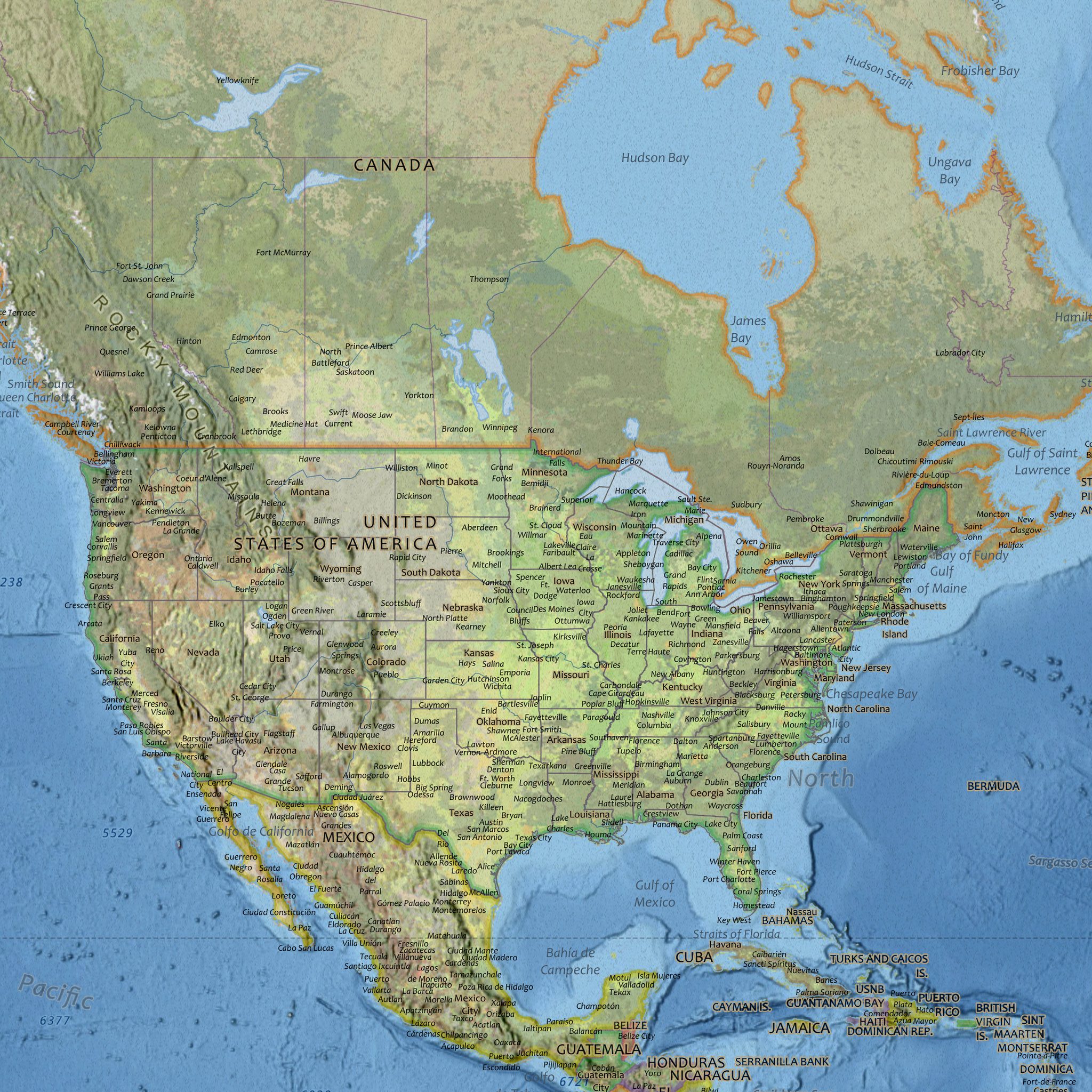 Klassisk verdenskart med engelske stedsnavn, 120 × 80 cm, detalj av Nord-Amerika