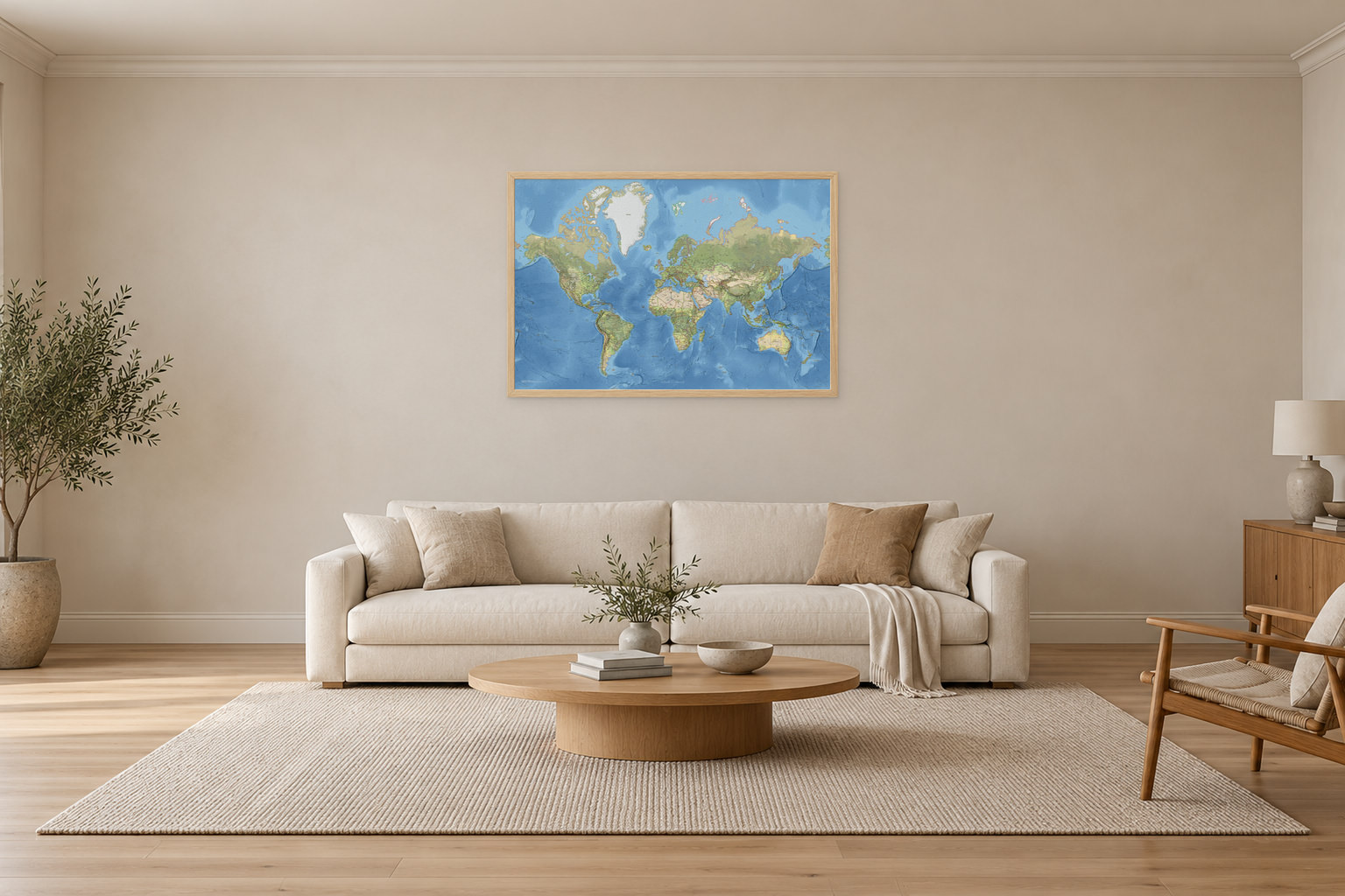 Klassisk verdenskart med engelske stedsnavn, 120 × 80 cm, med eikeramme i en stue