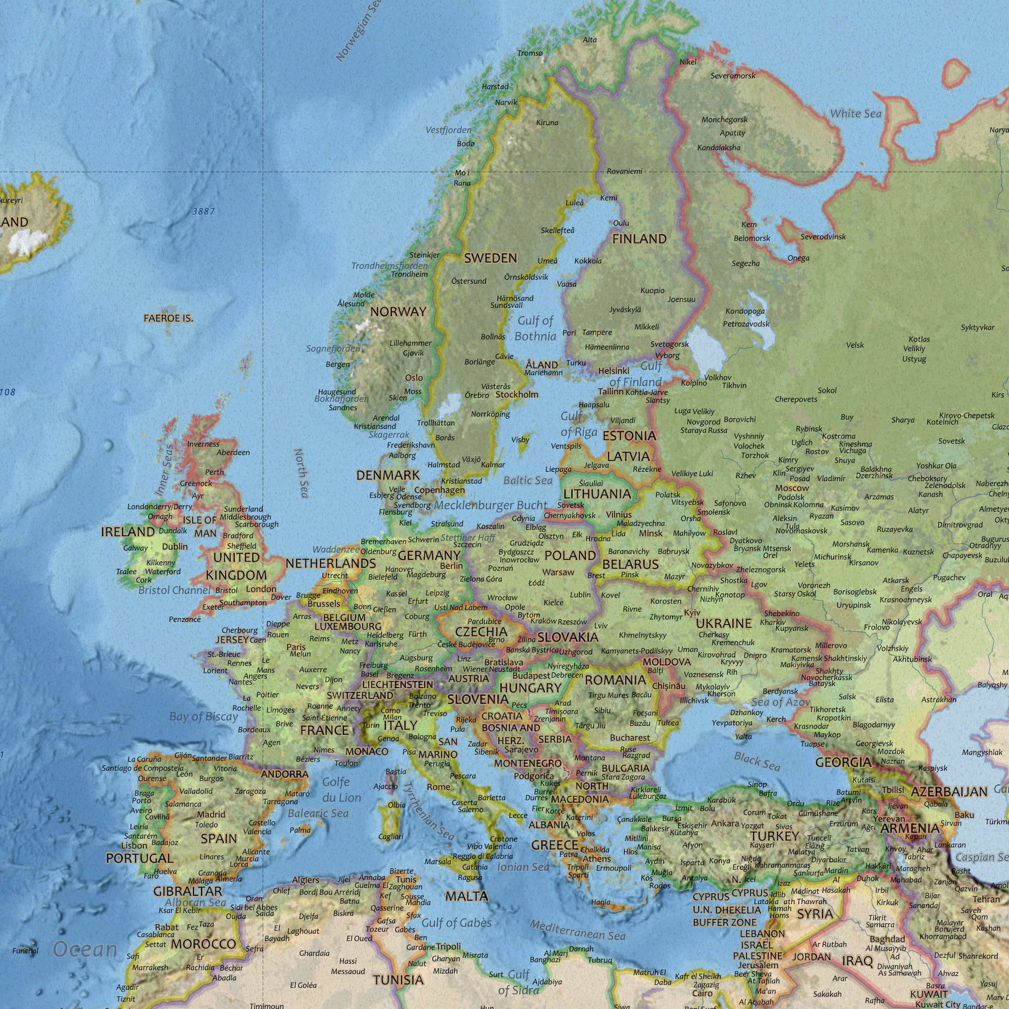 Klassisk verdenskart med engelske stedsnavn, 150 × 100 cm, detalj av Europa