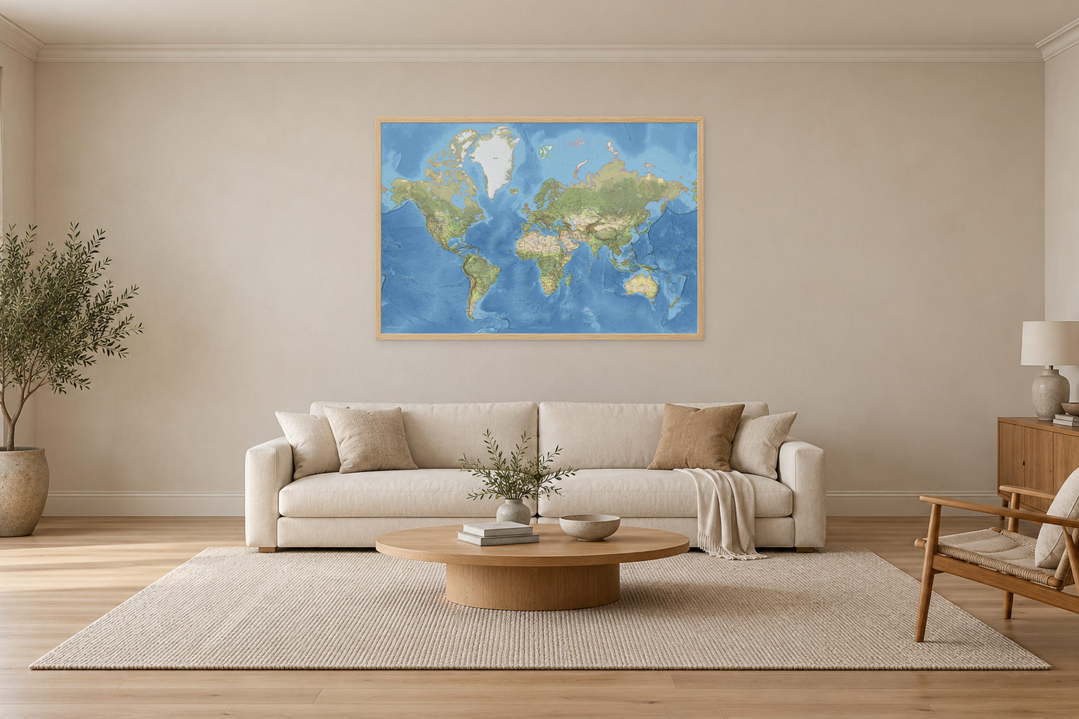 Klassisk verdenskart med engelske stedsnavn, 150 × 100 cm, med eikeramme i en stue
