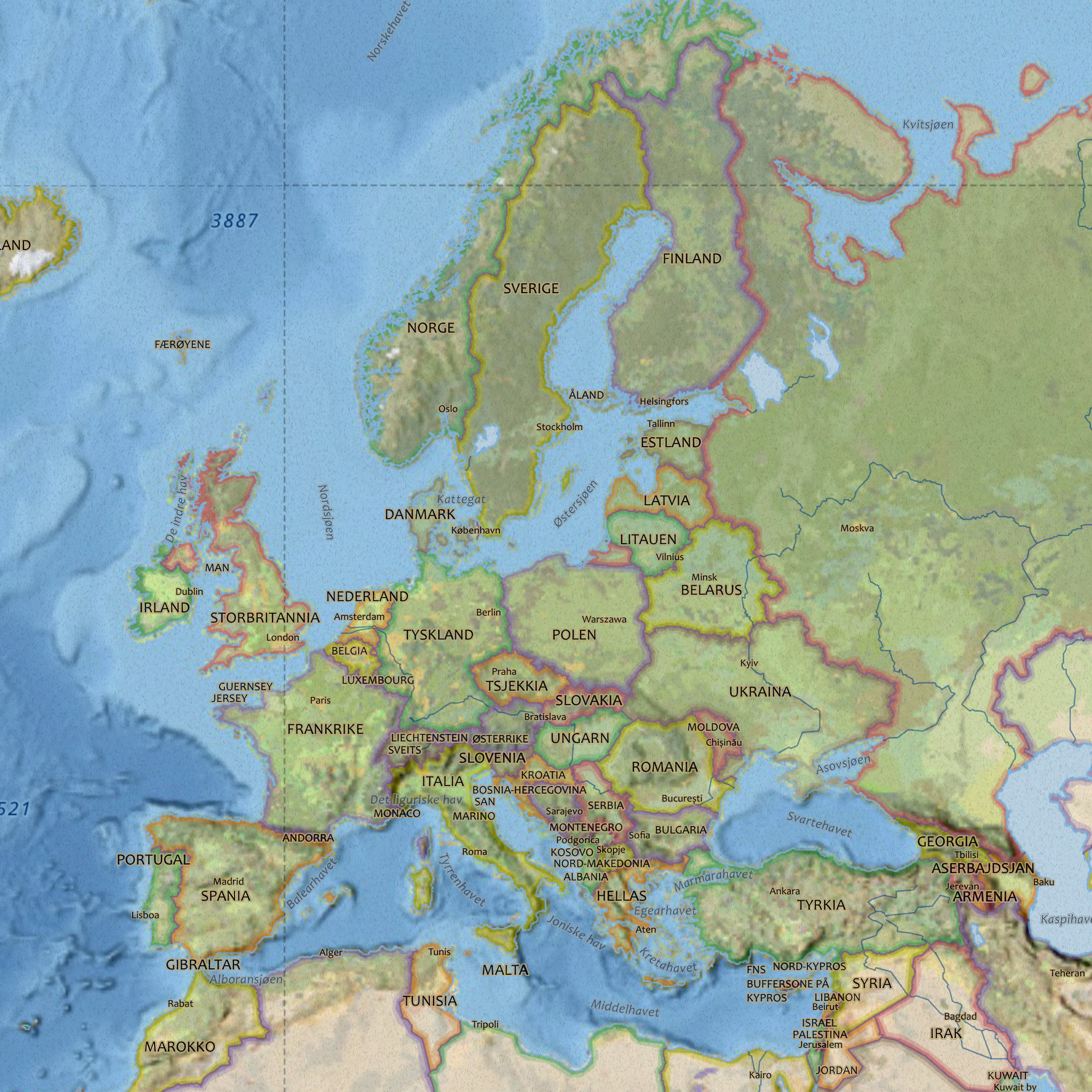 Klassisk verdenskart med norske stedsnavn, 75 × 50 cm, detalj av Europa
