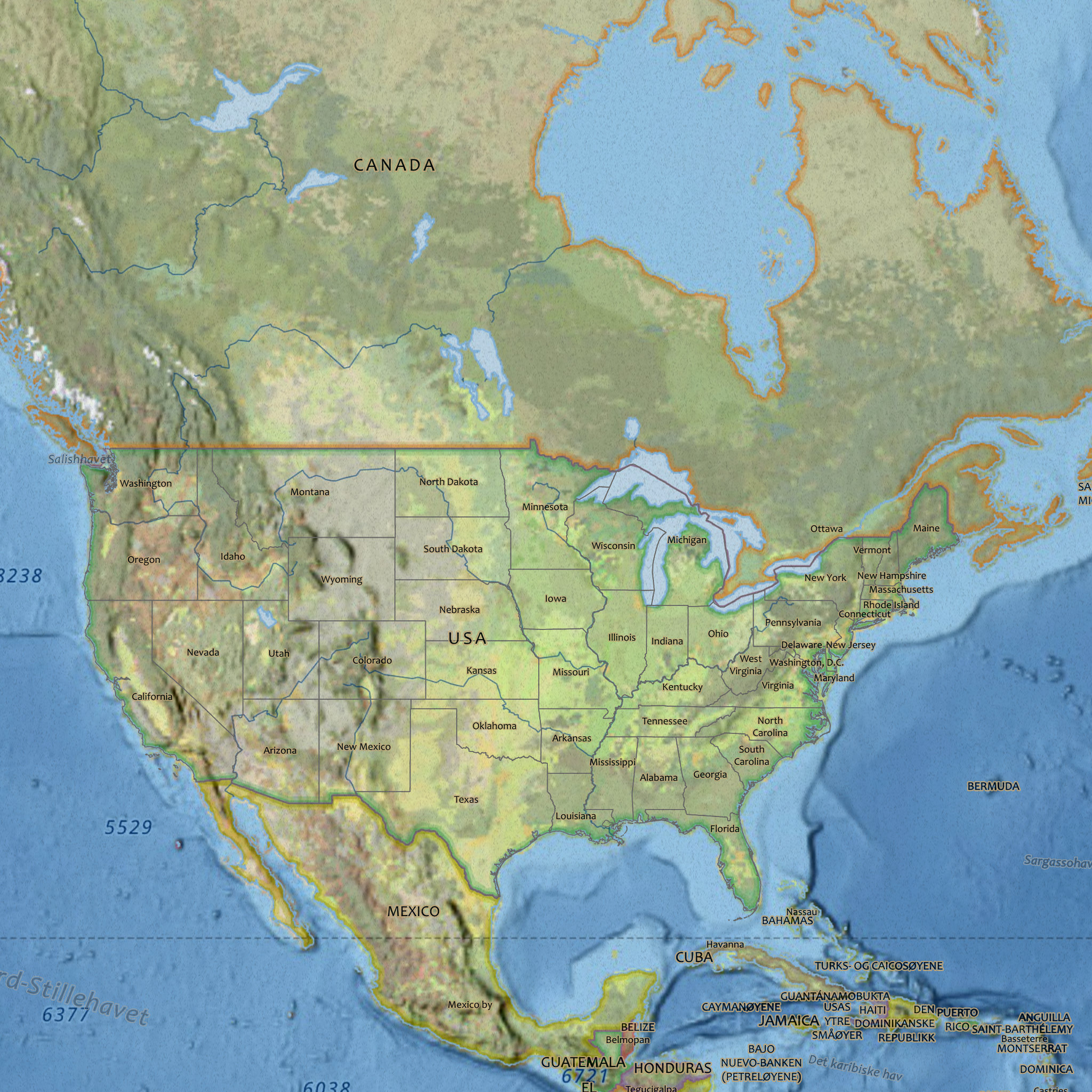 Klassisk verdenskart med norske stedsnavn, 75 × 50 cm, detalj av Nord-Amerika