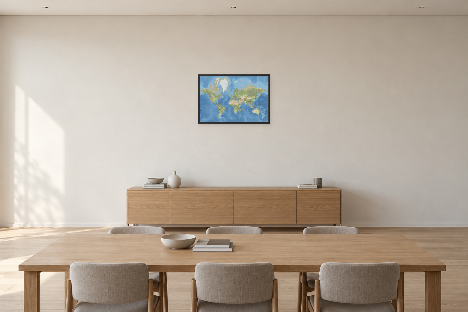 Klassisk verdenskart med norske stedsnavn, 75 × 50 cm, med sort ramme i et møterom