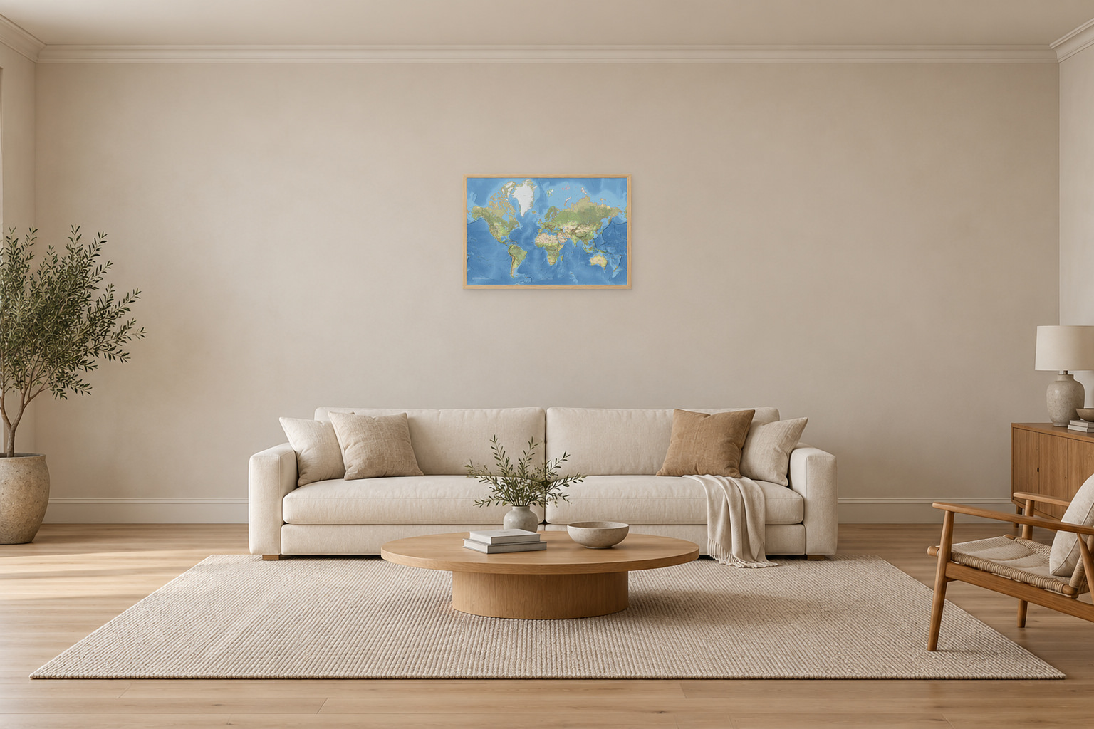 Klassisk verdenskart med norske stedsnavn, 75 × 50 cm, med eikeramme i en stue
