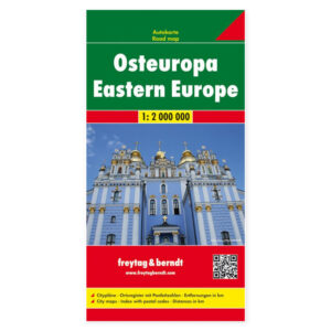 Omslag til veikart over Øst-Europa med kartmotiv og bylandskap