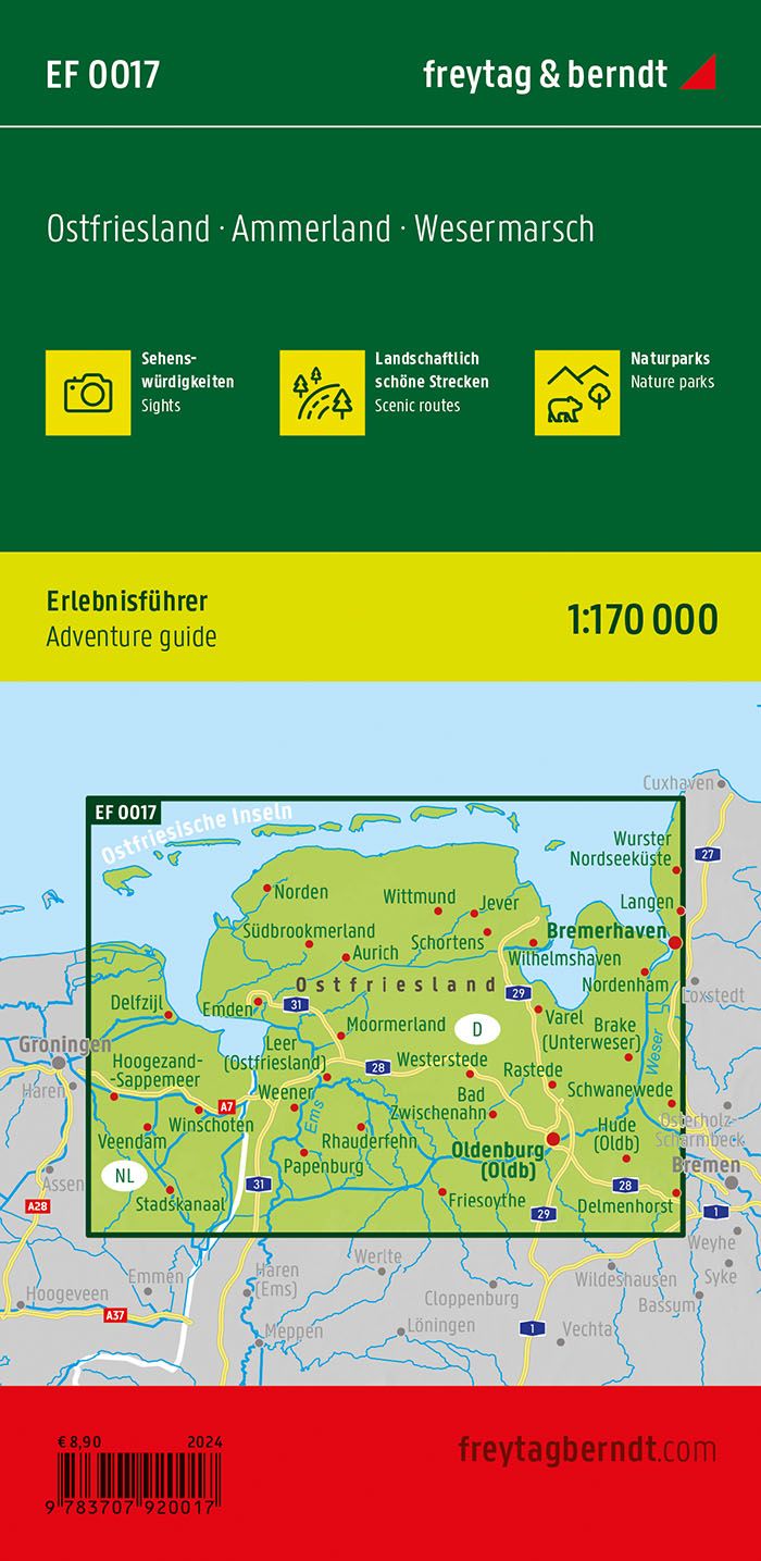 Ostfriesland, Ammerland og Wesermarsch – fritidskart 1:170 000 (vannfast) – bakside