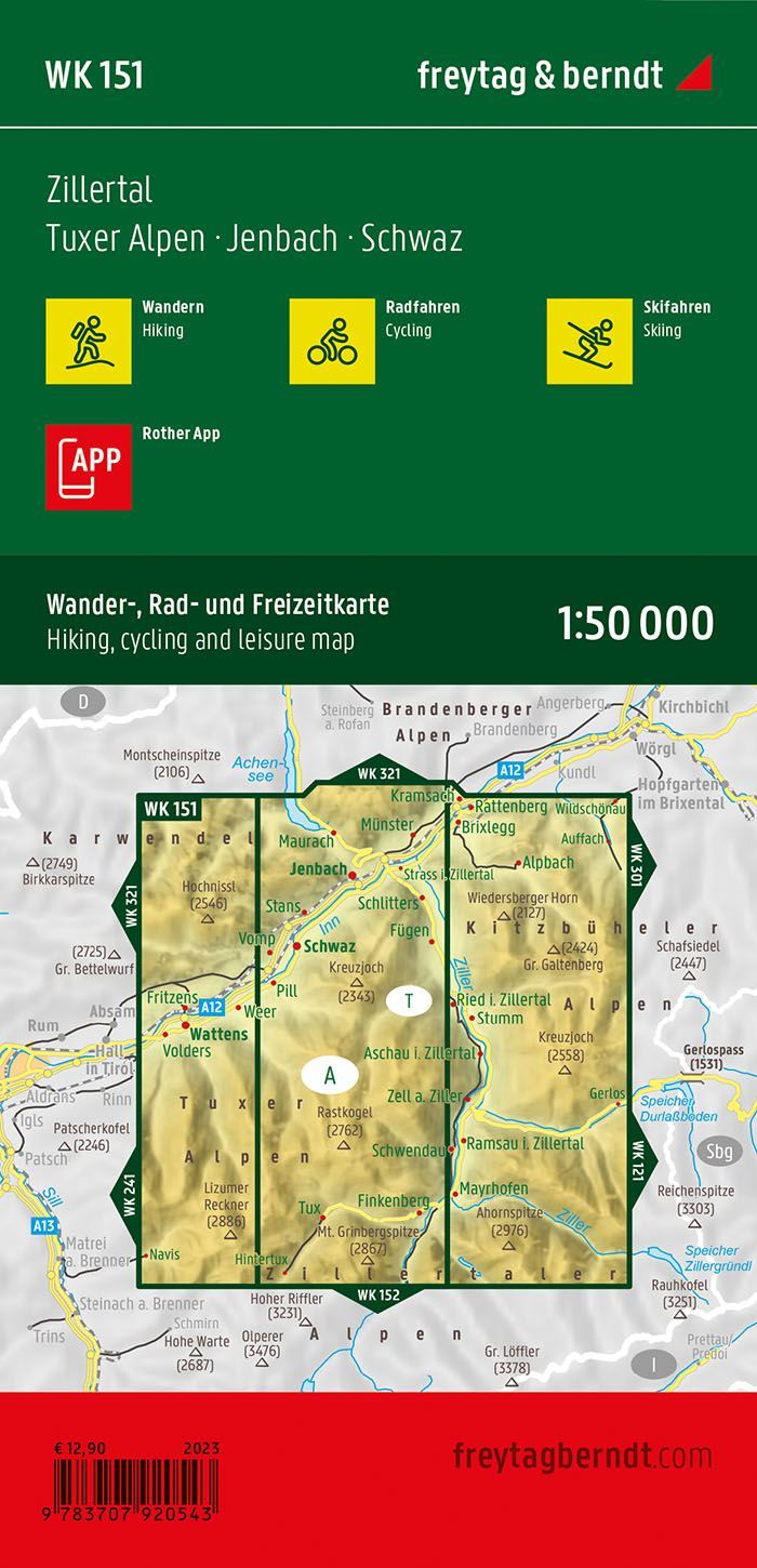 Zillertal, Tuxer Alpene, Jenbach og Schwaz – turkart 1:50 000 (vannfast) – bakside