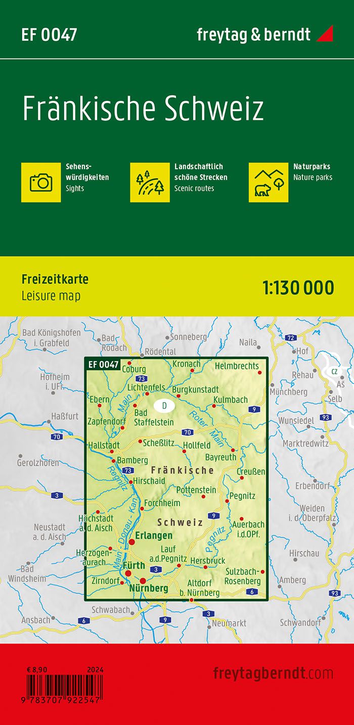 Fränkische Schweiz, Oberes Maintal og Frankenalb – fritidskart 1:130 000 (vannfast) – bakside