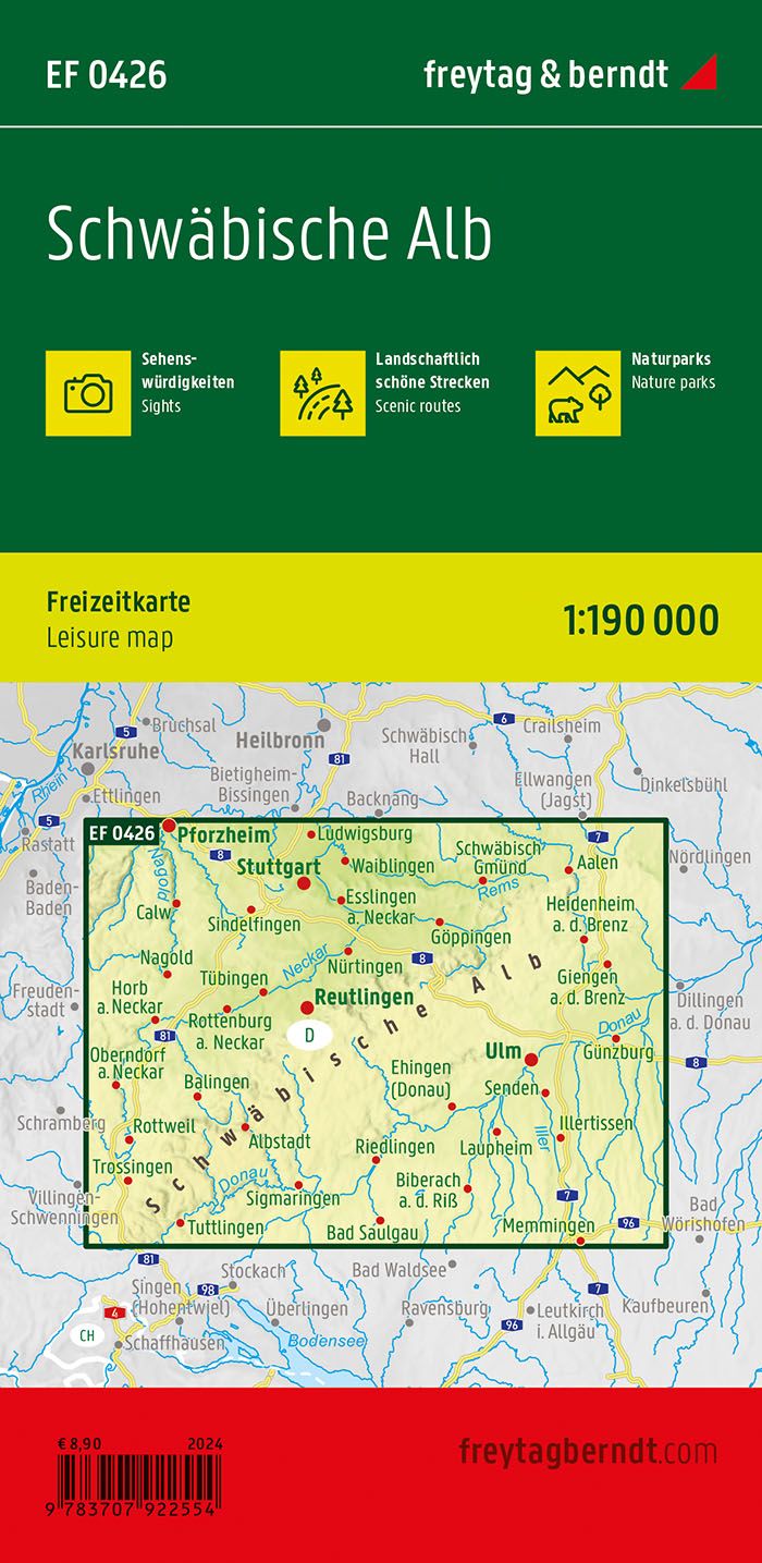 Schwäbische Alb – fritidskart 1:190 000 (vannfast) – bakside