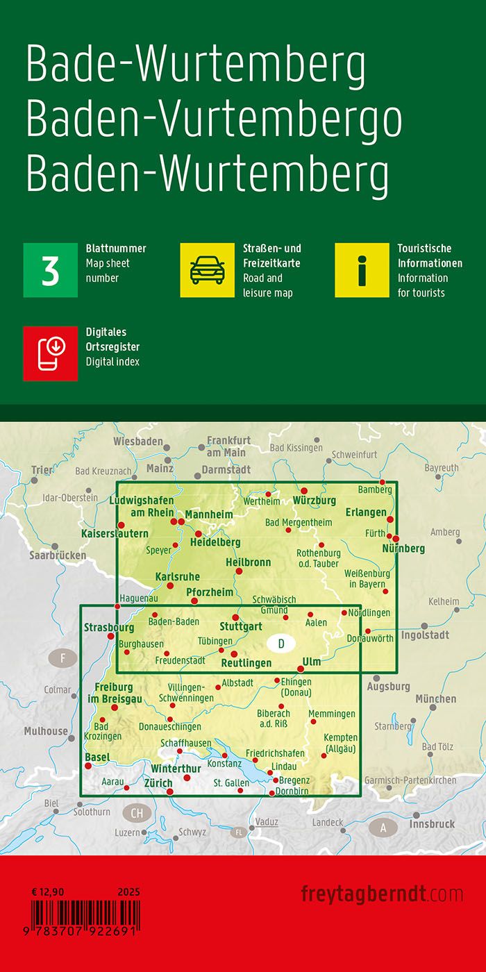 Baden-Württemberg – veikart (flerspråklig) – bakside