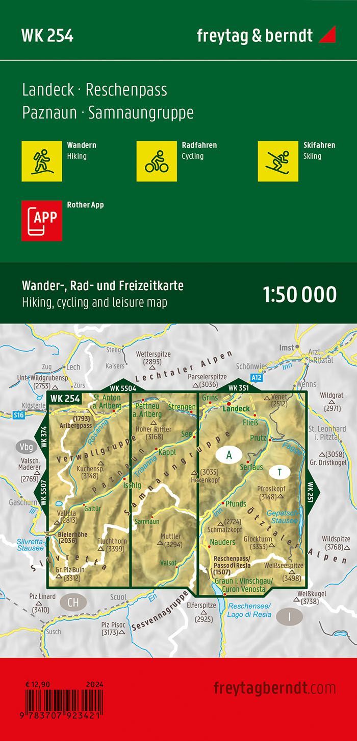 Landeck, Reschenpass, Samnaun og Paznaun – turkart 1:50 000 (vannfast) – bakside