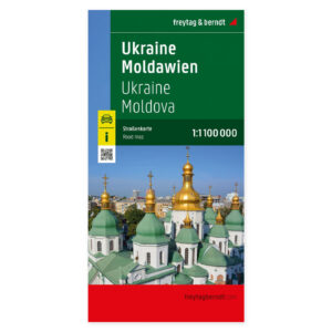 Omslag til veikart over Ukraina og Moldova med kartmotiv og bylandskap