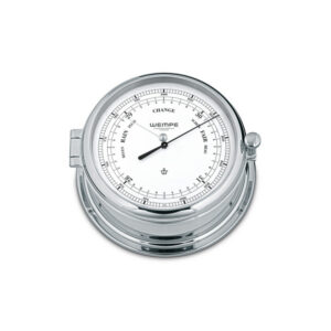Wempe Admiral II mekanisk barometer i forkrommet messing med hvit urskive og blå detaljer.