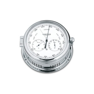 Wempe Admiral II maritimt kombinasjonsinstrument i forkrommet messing med barometer, termometer og hygrometer. Viser sort og hvit urskive.