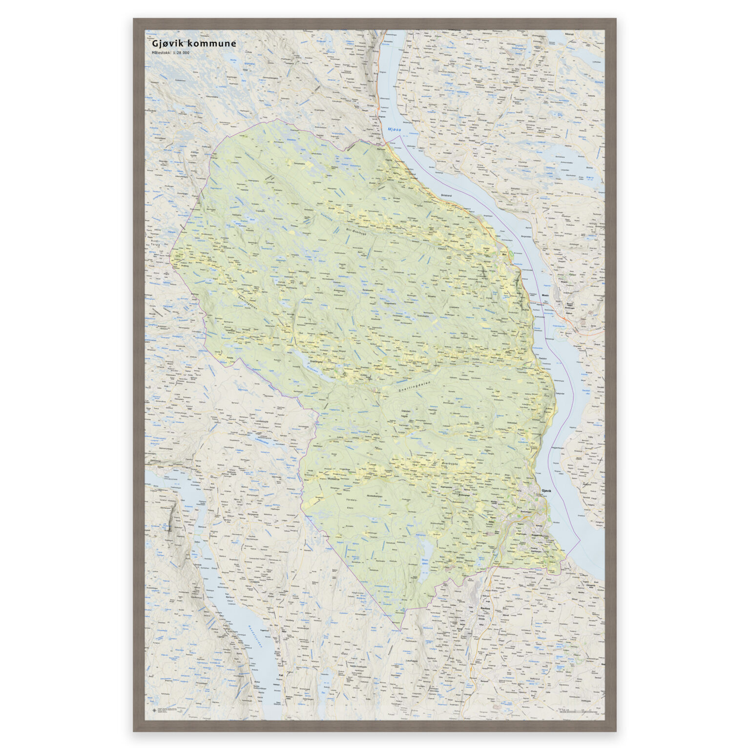 Kart over Gjøvik kommune | Veggkart, plakat eller innrammet