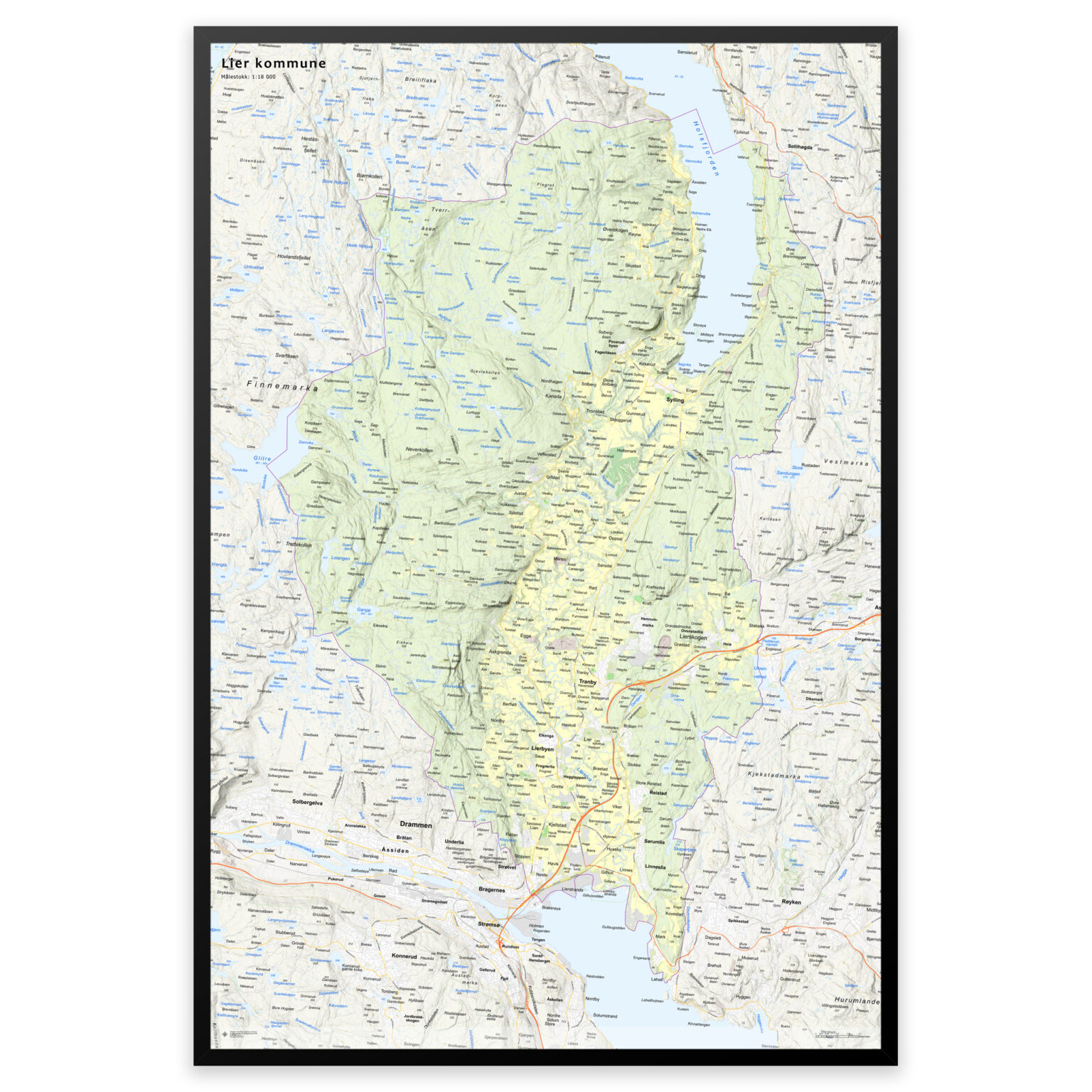 Lier Postcode Kart over Lier kommune | Veggkart, plakat eller innrammet