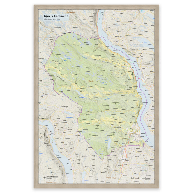 Kart over Gjøvik kommune | Veggkart, plakat eller innrammet